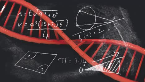 animation of dna strand spinning with calculations on black background. global medicine research sci