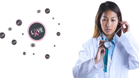 animación del logotipo de la cinta rosa del cáncer de mama con texto de amor sobre la doctora