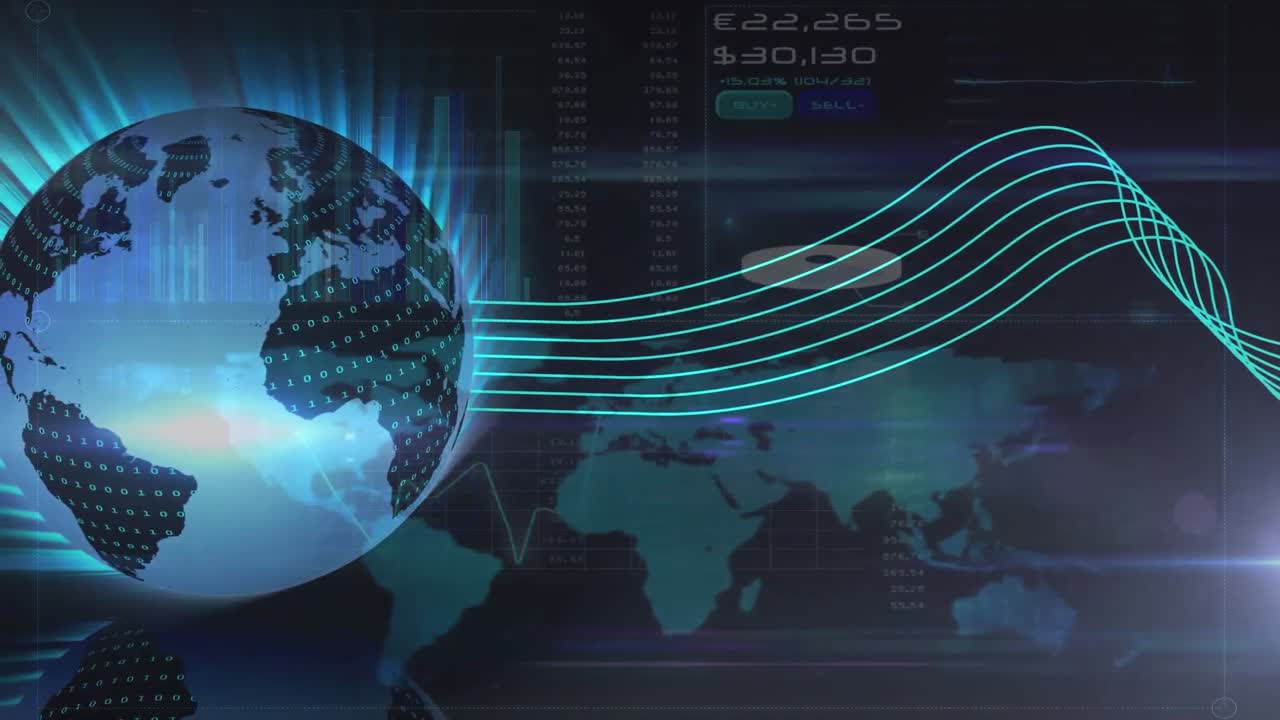 회전하는 지구 위의 빛의 흔적의 디지털 애니메이션과 금융 데이터 처리
