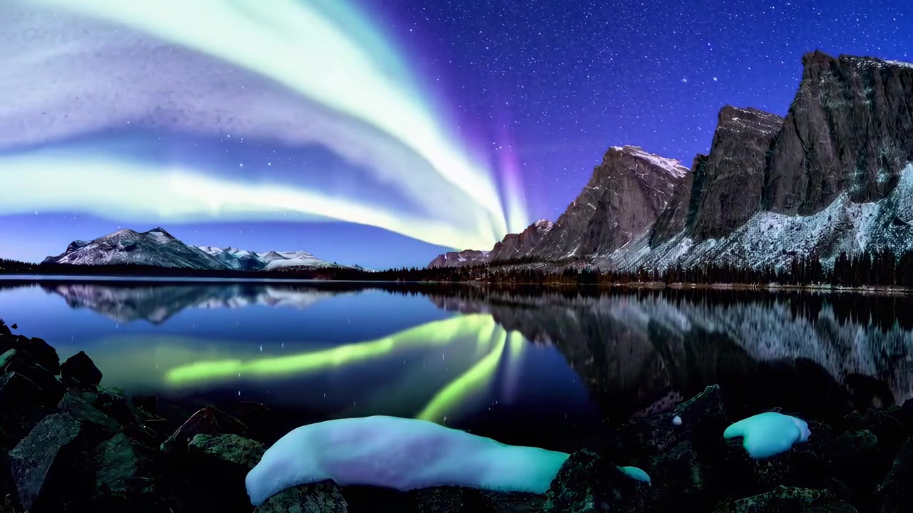 Splendida aurora boreale che si riflette su un lago di montagna di notte