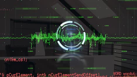 animación del procesamiento de datos y columnas amarillas sobre la oficina