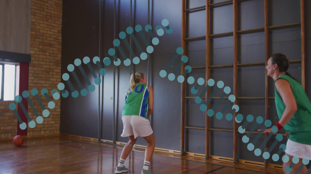 Two female athletes training in gym, showing sports science DNA helix overlay plus climbing bars