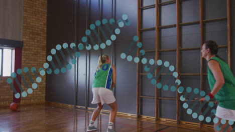 two female athletes training in gym, showing sports science dna helix overlay plus climbing bars
