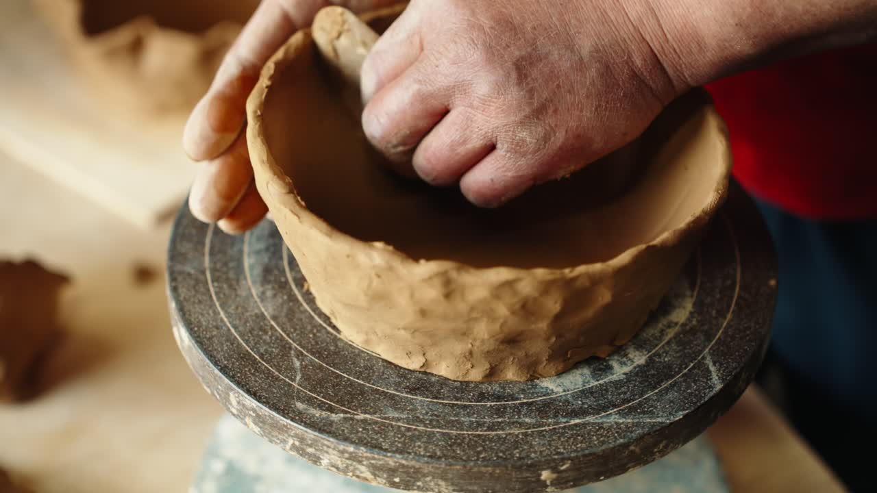 Hands carefully shape a rough clay bowl on a pottery wheel, highlighting the tactile process of handmade ceramics in warm natural light