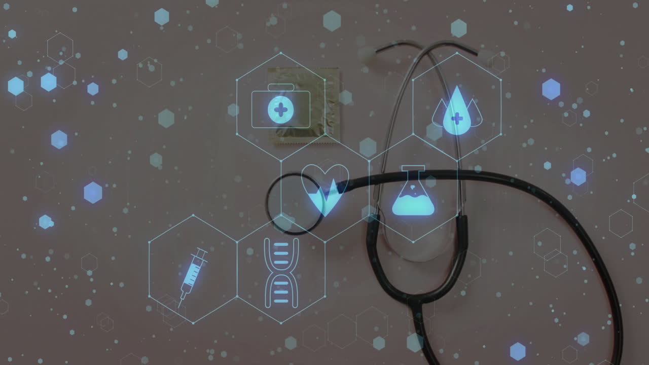 Animation of medical icons over stethoscope on white background