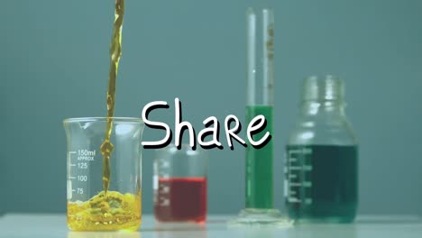 Animation of share text over beakers with liquid