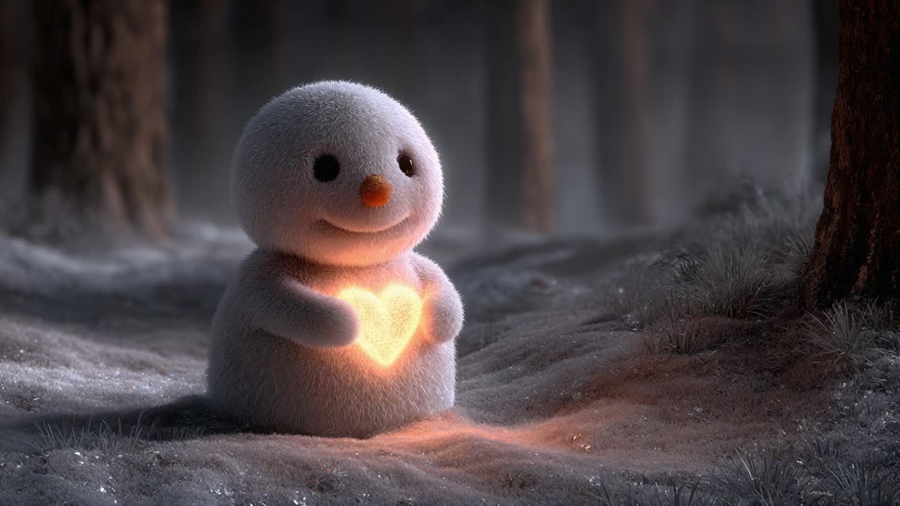 A Cute Snowman Character Luminous Heart in a Mystical Winter Forest Setting, Emitting a Soft Glow of Warmth and Joy Amidst the Serene Snow-Covered Landscape