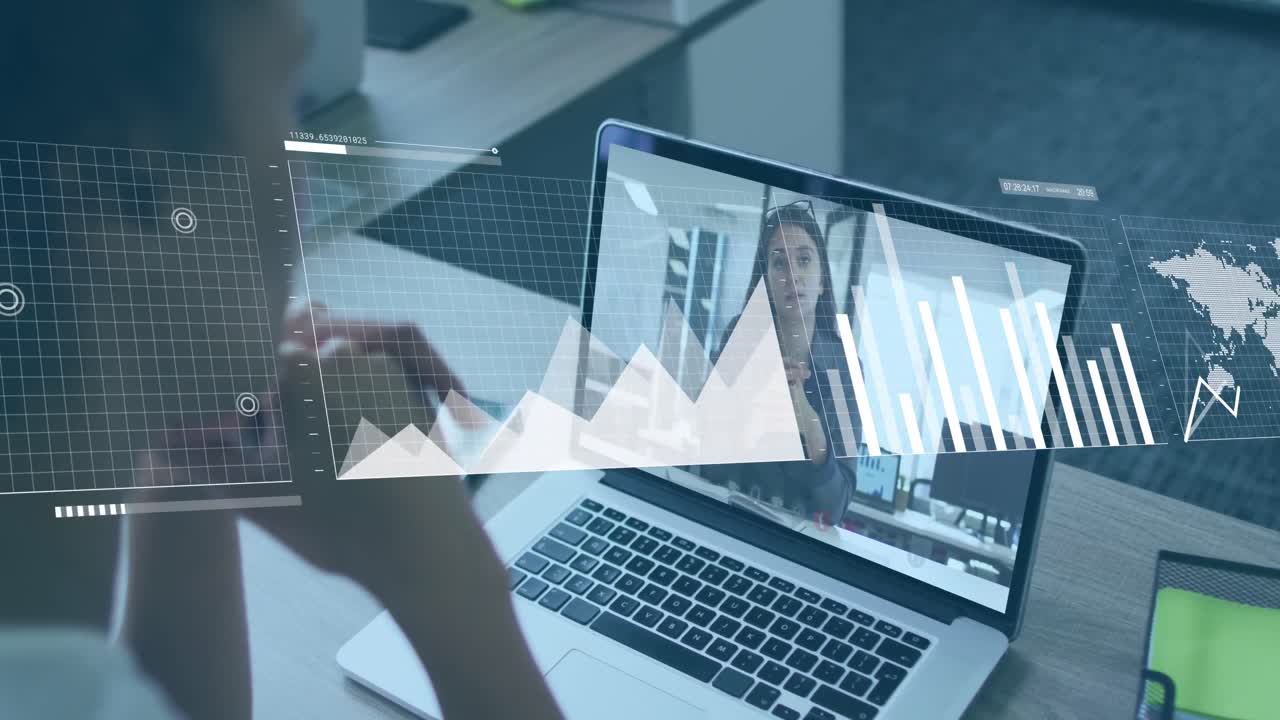 Animation of multiple graphs over diverse female coworkers sharing ideas on video call in laptop