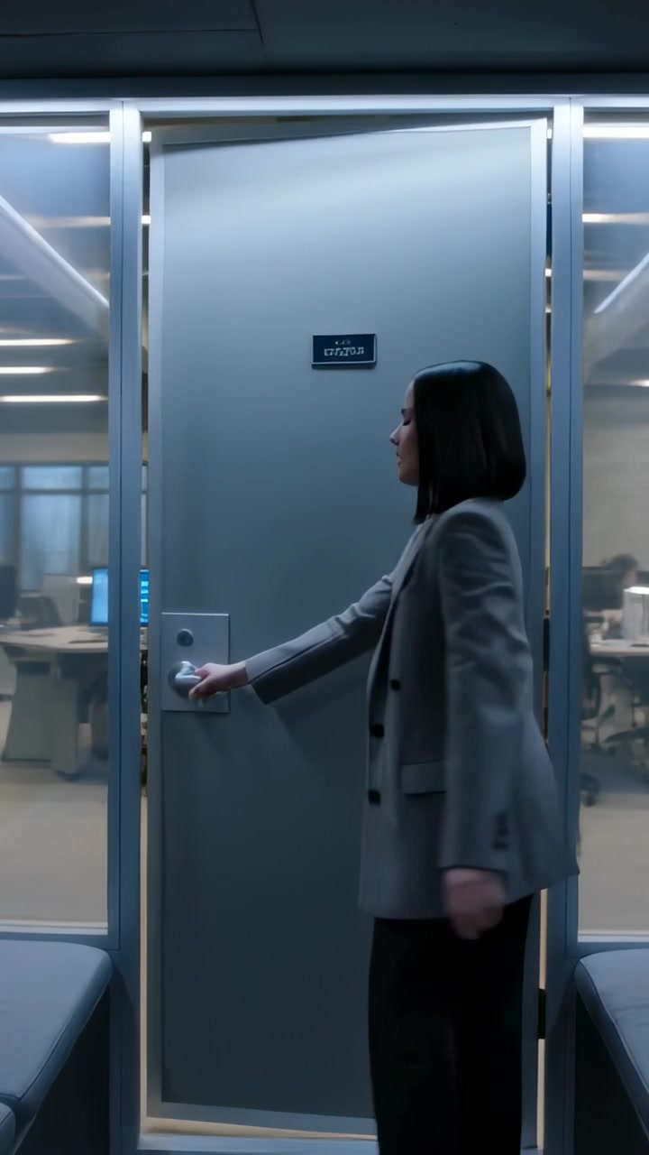 Video verticale: Donna che entra in blazer grigio e chiude la porta di un ufficio in vetro con schermi blu.