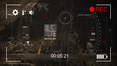 analyzing data animation over aerial view of road and surrounding landscape