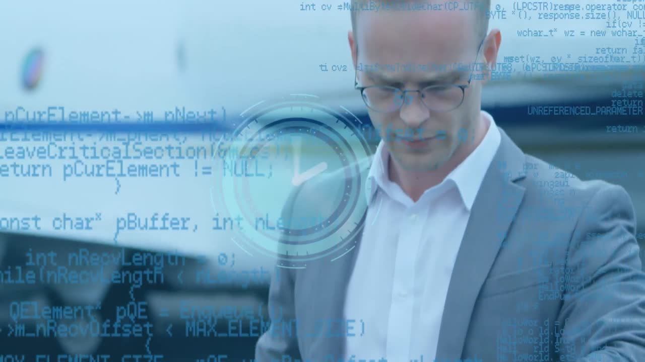Animation of clock and data processing over caucasian businessman and airplane