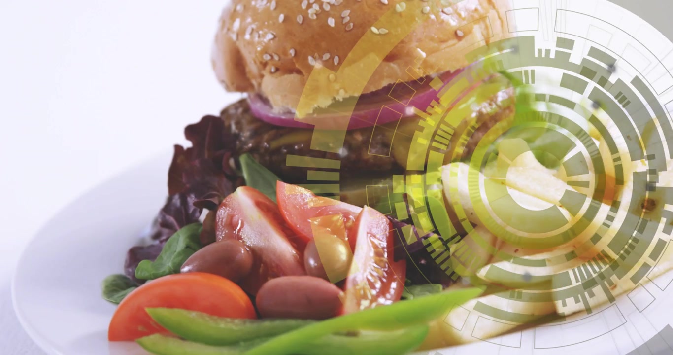 HUD circolare che ruota a destra, la telecamera si sposta a destra rivelando un hamburger e un'insalata, mostrando il prodotto.