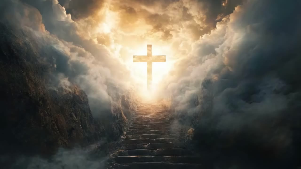 Dramatic video scene of a cross illuminated by heavenly light, viewed from a low angle with stairs