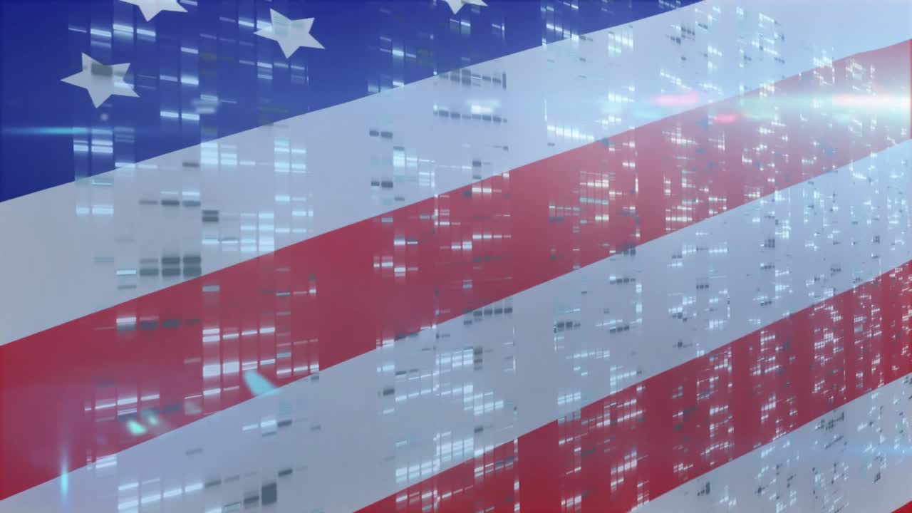 Digital grid streaming across American flag rippling under pulsing lens flare highlighting shimmer