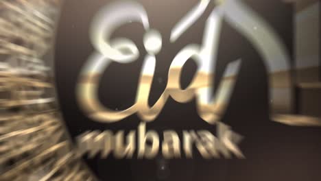 animation of eid mubarak text with crescent moon and mosque in gold on black background