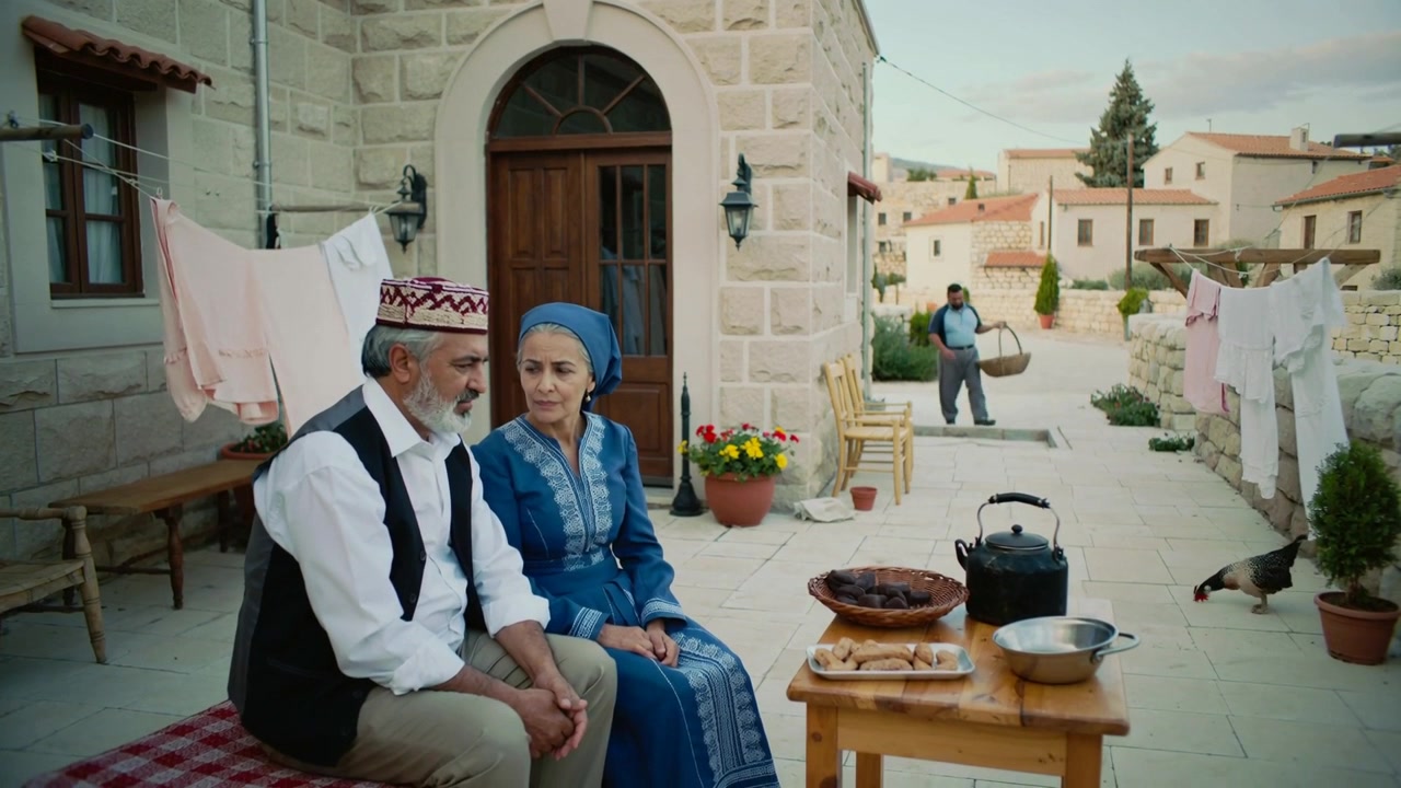 Conversing senior couple in cap, scarf looking at man entering lane bringing baskets in courtyard