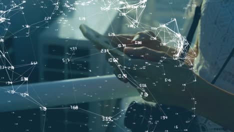 animation of network of connections and computer circuit board over caucasian woman using smartphone