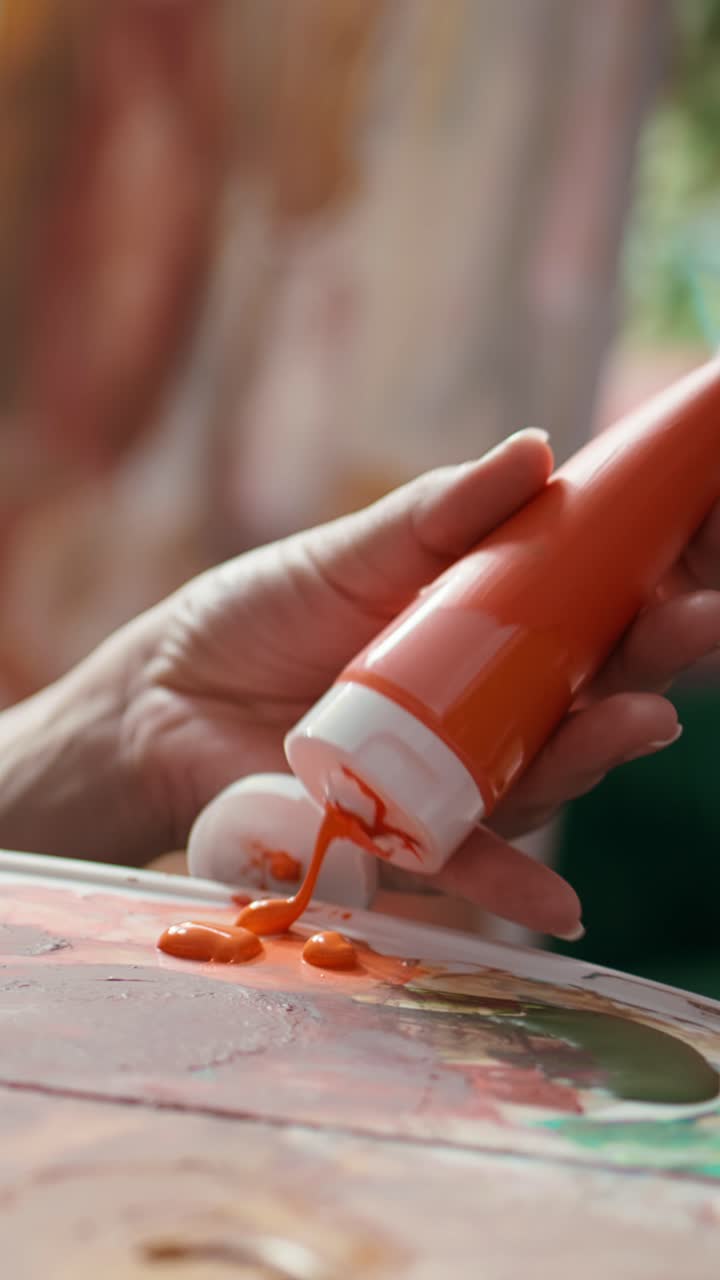 Close-up van hand die oranje verf op een schilderpalet knijpt