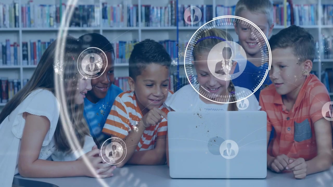 Six kids sitting at laptop, child pointing initiating HUD rings, user icons expanding for education