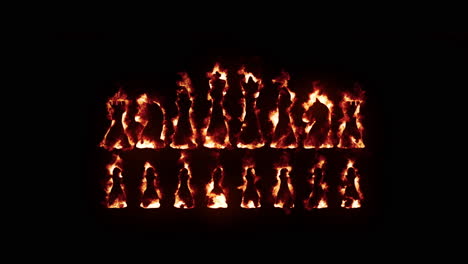 set of chess pieces with fire and burning effects on black background