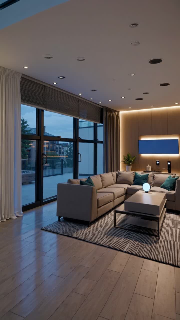 Modern living room with a cozy sectional sofa, ambient lighting, and large windows