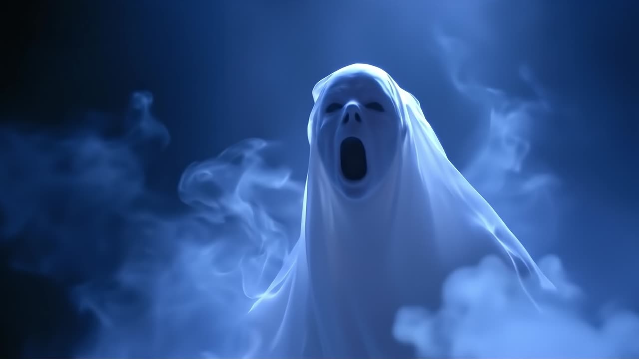 A ghost in the fog with its mouth open and tongue out