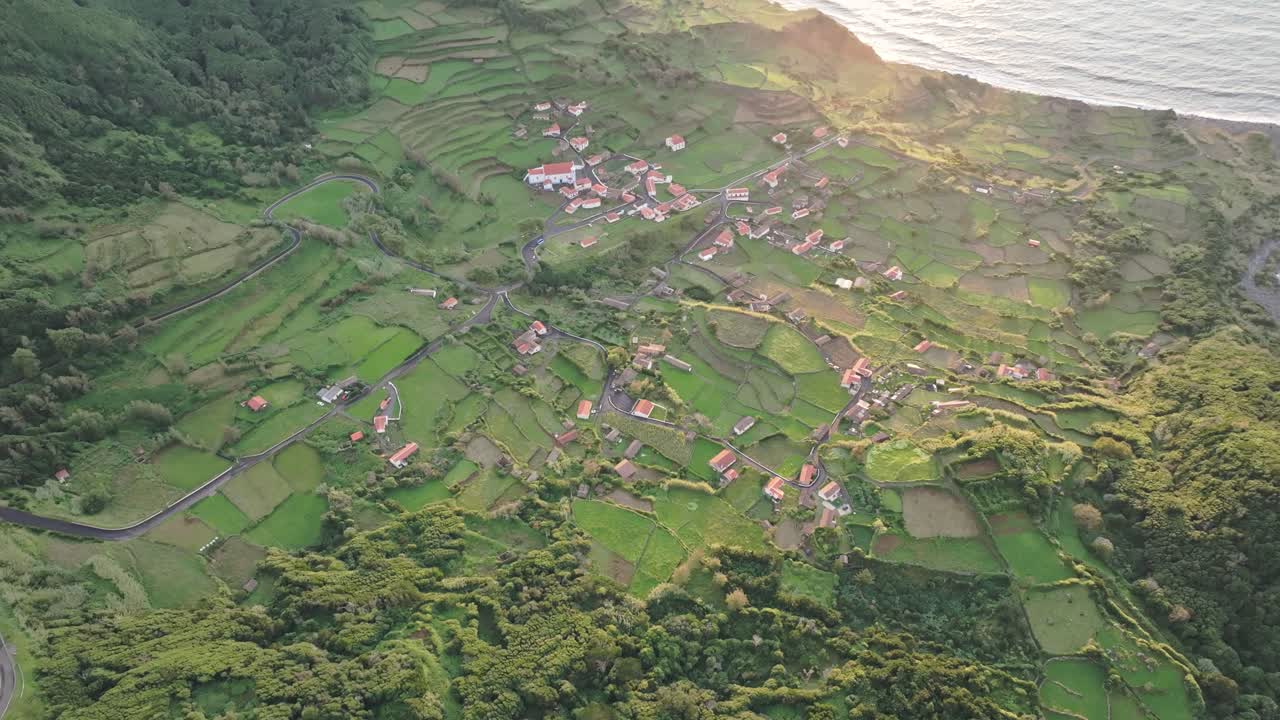 Aerial view of Faj&atilde;zinha village Azores islands, Flores, Portugal