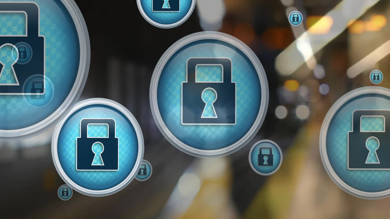 animación de un candado en círculos sobre un tren borroso que llega a la estación de metro