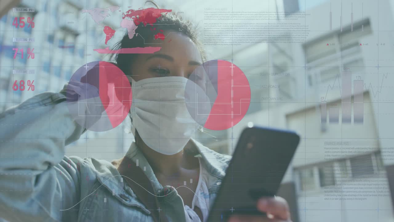 Animation of financial data processing over businesswoman using smartphone