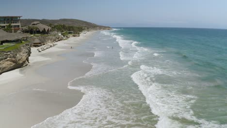 Beautiful-White-Sand-Beach-in-Tropical-Puerto-Vallarta,-Mexico,-Aerial