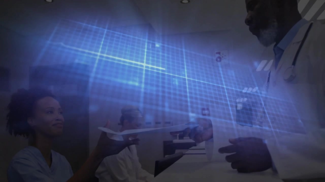 Nurse receiving chart from physician, entering patient data on laptop with medical interface