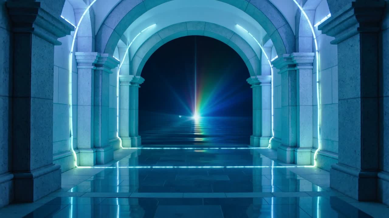 Luce pulsante che invia raggi arcobaleno attraverso archi LED in una sala a volta, creando riflessi sul pavimento.