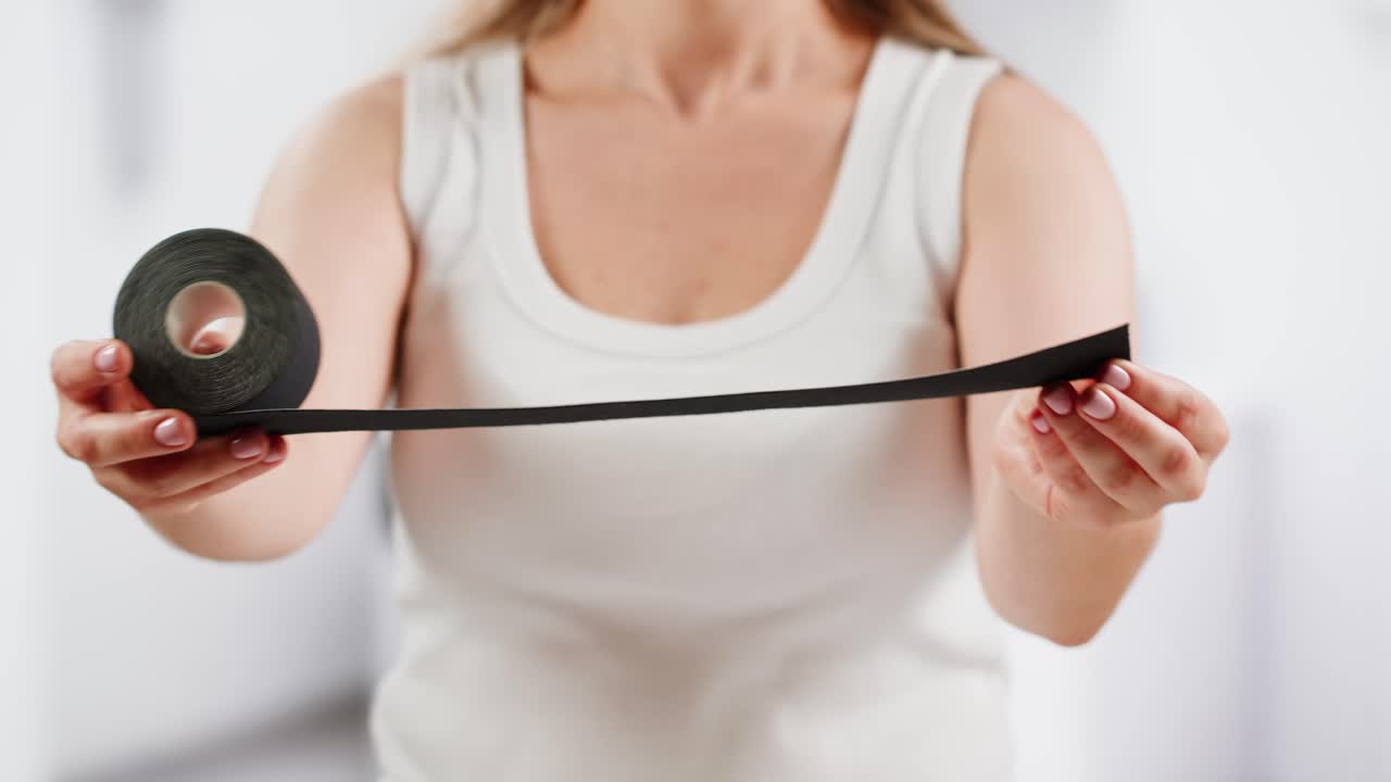 Kinesiology medical taping, doctor Physical therapist applying elastic surgical tape to patient body, treating injured knee young athlete.Post traumatic rehabilitation, sport physical therapy recovery