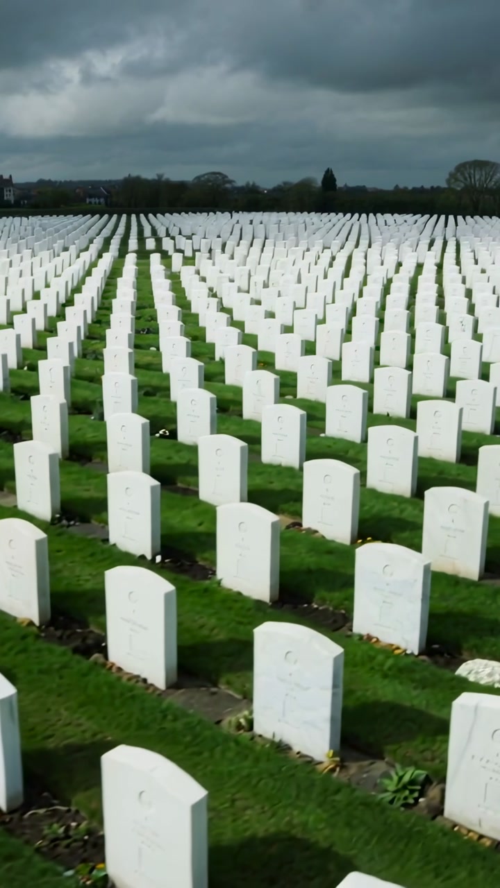 Vertical video: Moving camera approaching white headstones at cemetery, revealing grave flowers