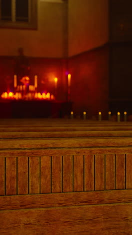 church interior with candles and pews