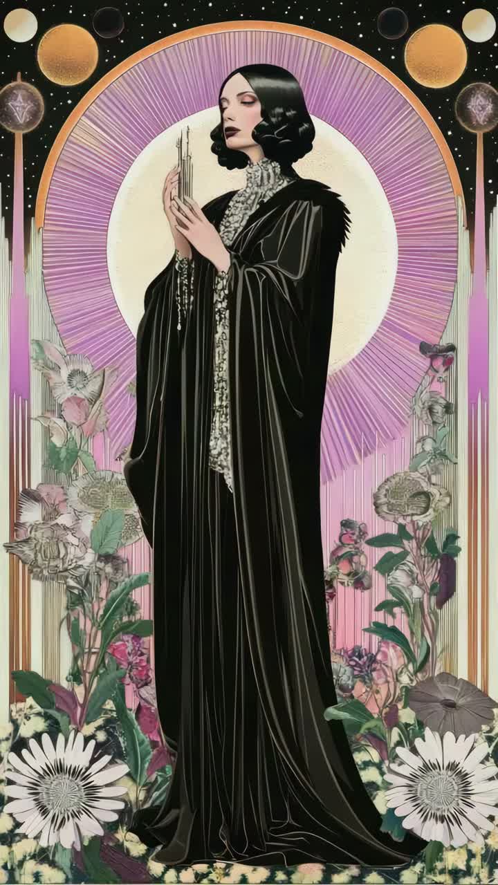 Art-decoportret van een vrouw in een zwarte robe die een kaart vasthoudt