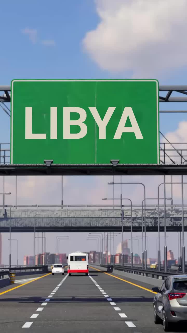 señal de carretera a libia con avión en el cielo