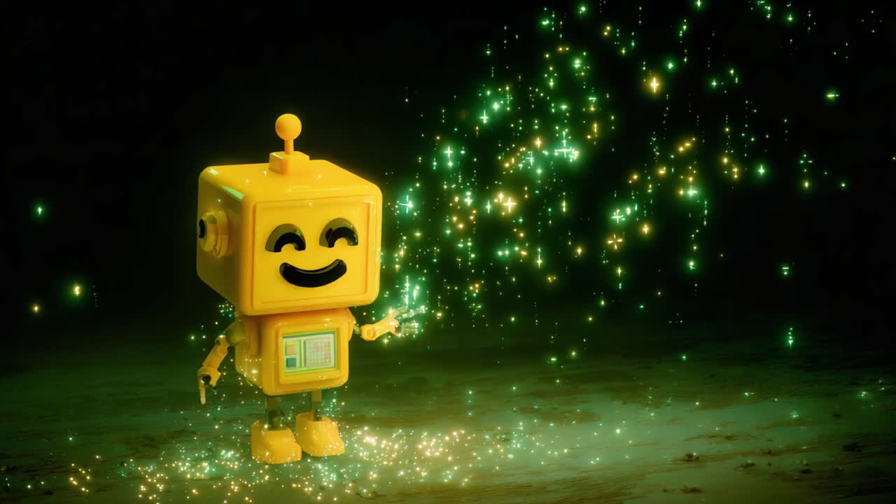 A cheerful yellow robot with a smiling face spreads magical sparkles in a whimsical environment, creating a vibrant atmosphere filled with glowing lights and joy
