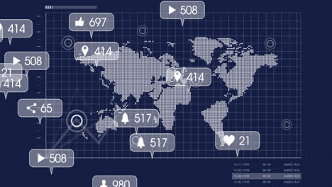animación de iconos de redes sociales y procesamiento de datos sobre mapa del mundo y fondo azul