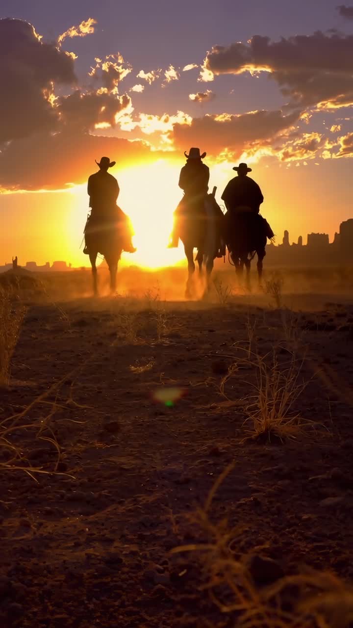 Cowboy in silhouette a cavallo al tramonto, inquadratura dal basso, stile video western cinematografico.