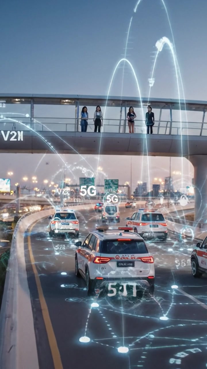 Una moderna scena urbana che mostra trasporti avanzati con veicoli su una strada trafficata e pedoni su un ponte sopraelevato, illuminata sotto un cielo crepuscolare.