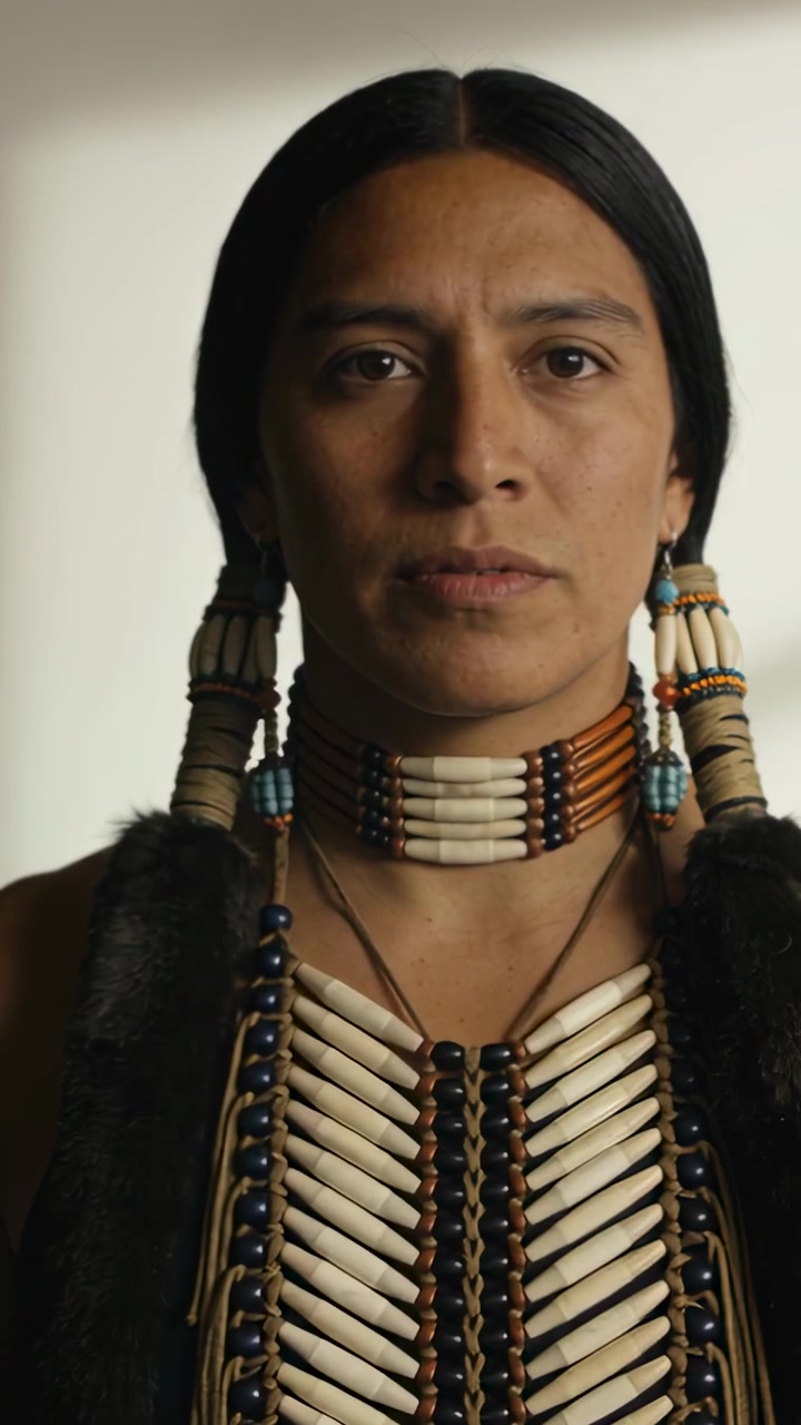 Vertikales Video: Indigener Mann wird für ein Studio-Porträt gefilmt, macht dabei feine Bewegungen und trägt eine Knochenhalskette.