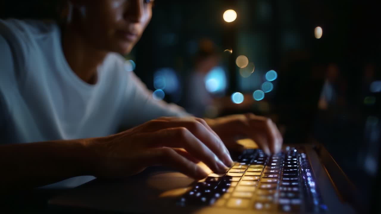 A focused individual types on a laptop keyboard in a dimly lit environment, showcasing the blend of technology and creativity in modern communication