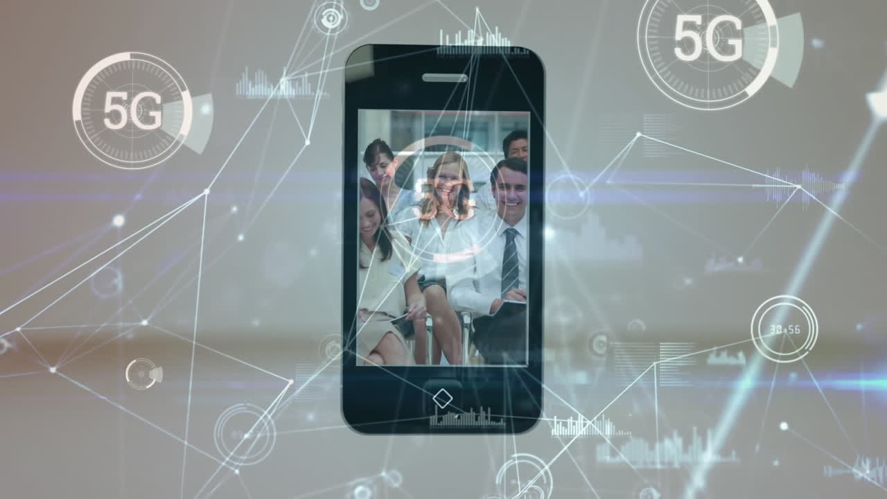 animación de la red de conexiones contra el procesamiento de datos empresariales en teléfonos inteligentes