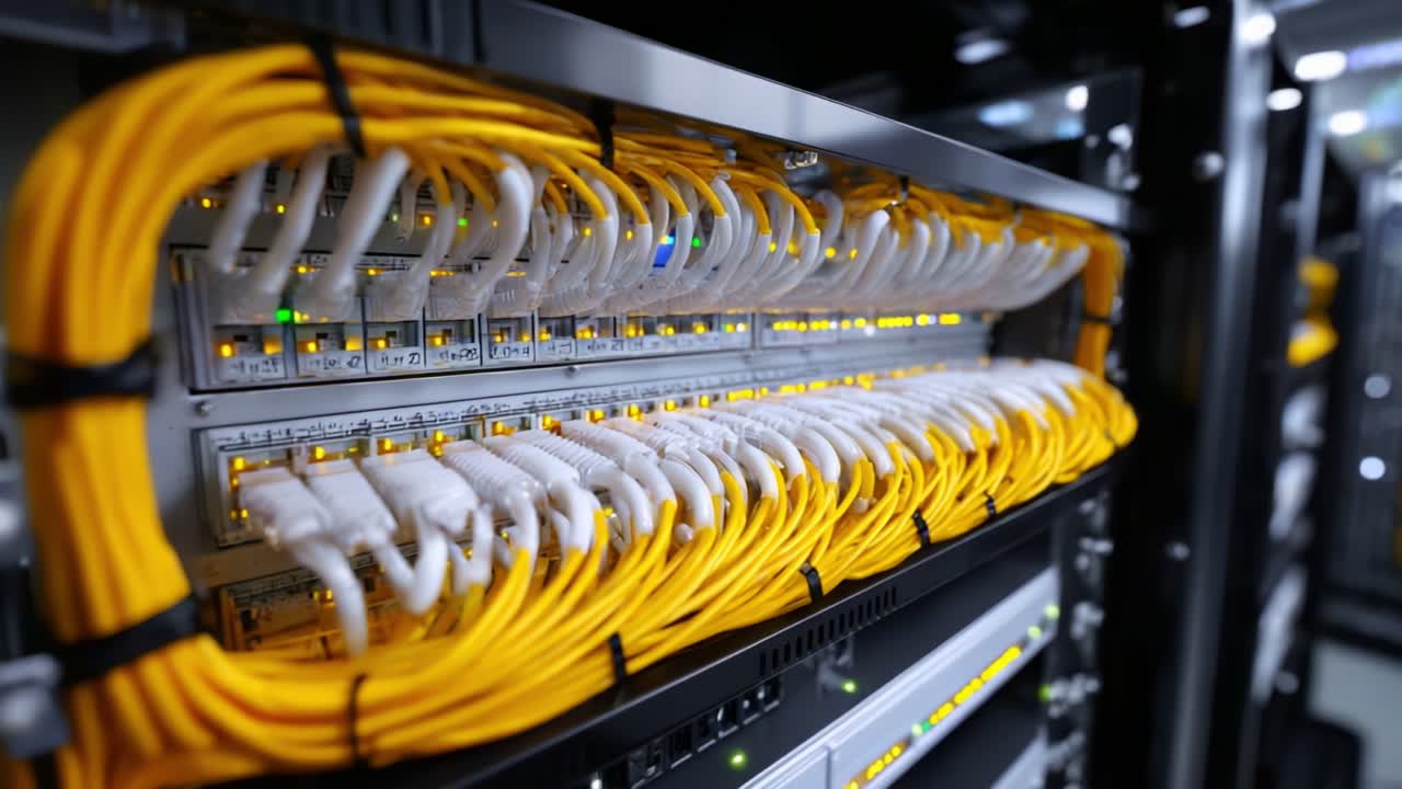 Detailed View of Network Switch with Yellow Ethernet Cables and Illuminated Port Indicators in Data Center Environment