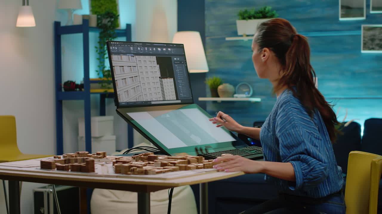 Engineer analyzing building model and maquette