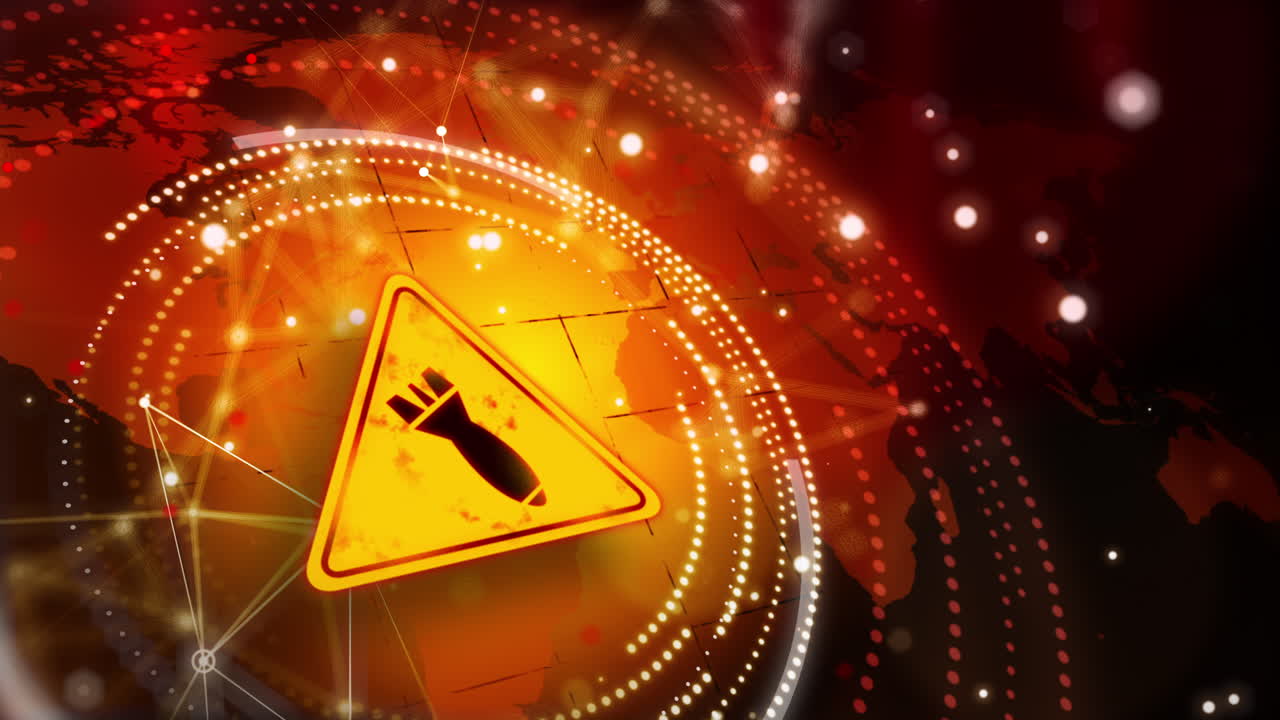 Yellow warning symbol danger of bombardment. Military animation with war icon bomb on world map. Looped background with dots, circles and plexus lines