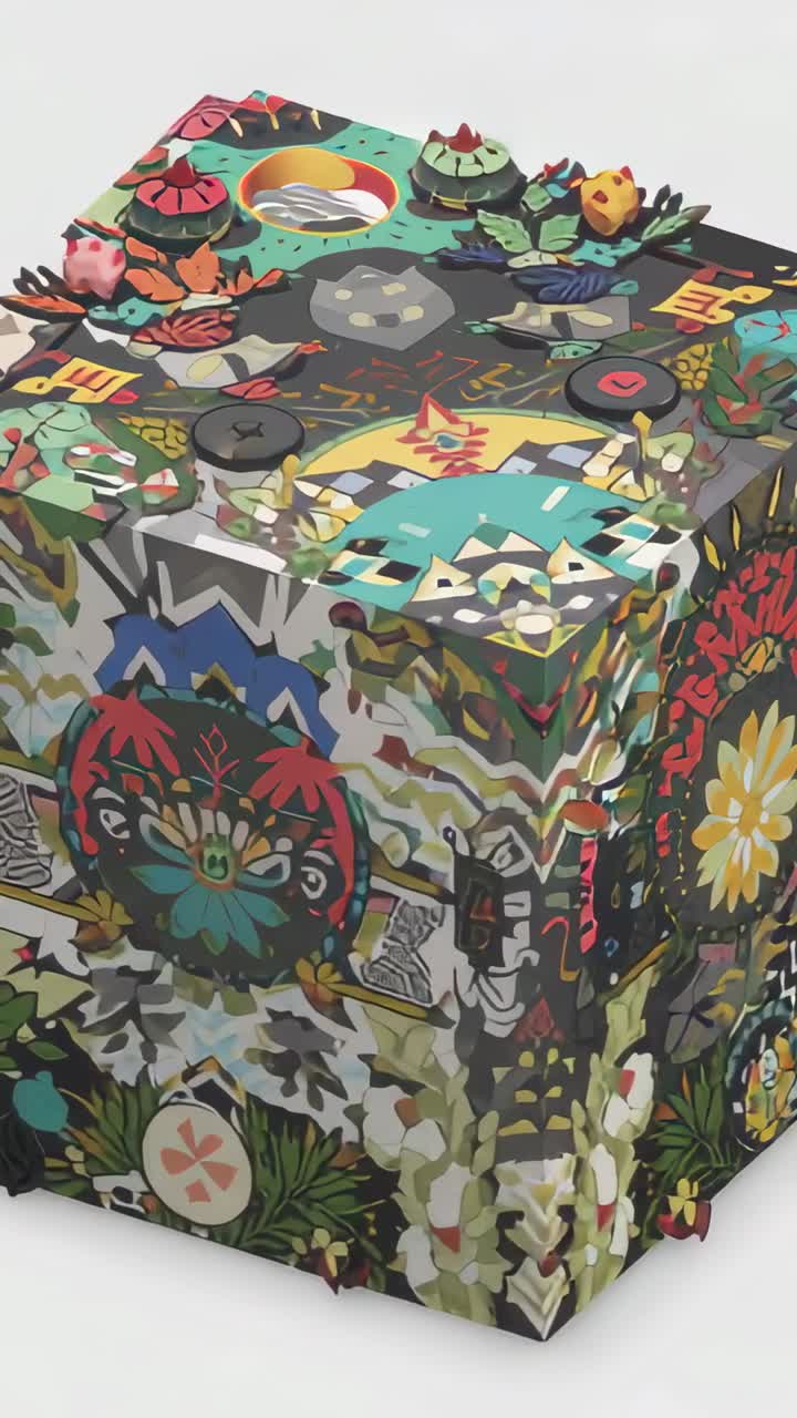 Vertikal video: Panorering av kamera som viser kunstkube på studiobord som eksponerer 3D-rendering av perler som viser design