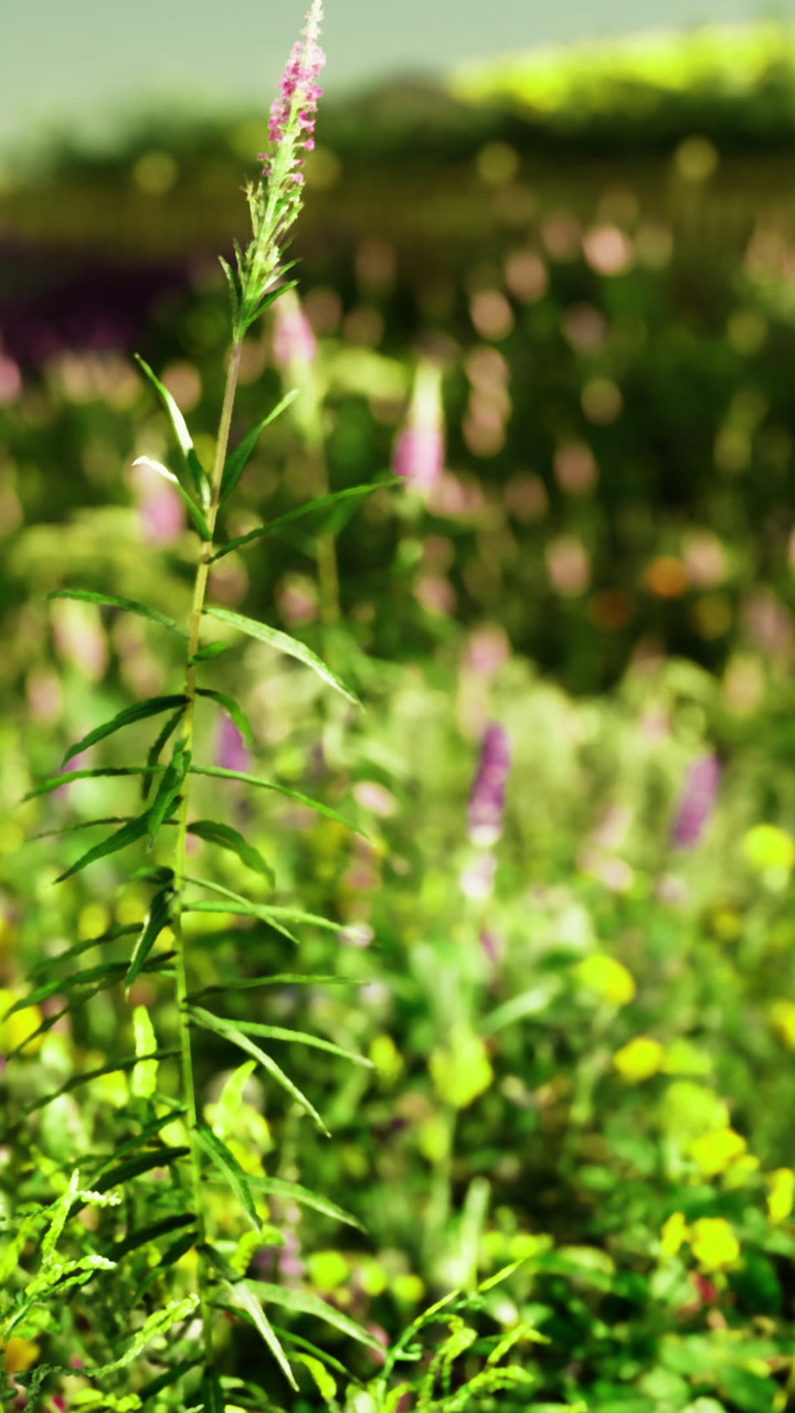 Green plant standing tall in a field of blooming wildflowers during sunny day