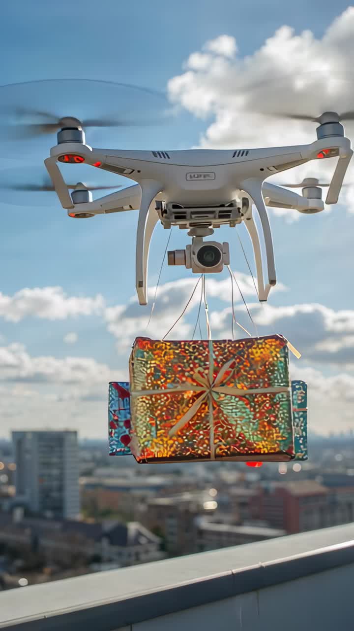 Vertical video: Hovering gimbal drone holding roof hover after signal, delivering gift on cords